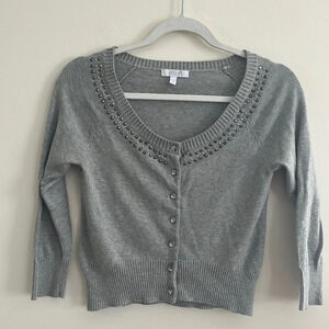 Delia’s Cardigan Sweater Rhinestones Bling y2k Gray 3/4 sleeve sz XS-S mcbling